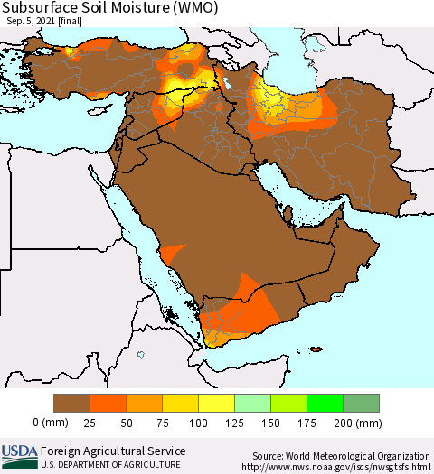 Middle East and Turkey Subsurface Soil Moisture (WMO) Thematic Map For 8/30/2021 - 9/5/2021