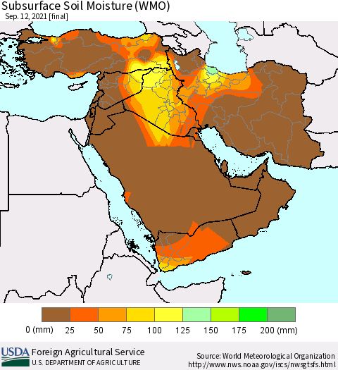 Middle East and Turkey Subsurface Soil Moisture (WMO) Thematic Map For 9/6/2021 - 9/12/2021