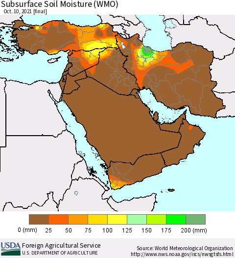 Middle East and Turkey Subsurface Soil Moisture (WMO) Thematic Map For 10/4/2021 - 10/10/2021