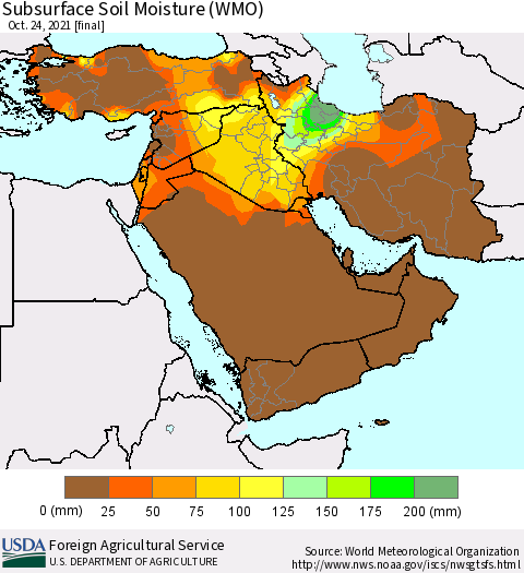 Middle East and Turkey Subsurface Soil Moisture (WMO) Thematic Map For 10/18/2021 - 10/24/2021