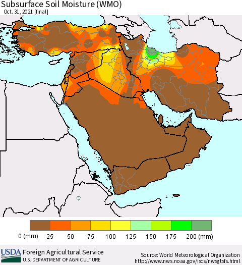 Middle East and Turkey Subsurface Soil Moisture (WMO) Thematic Map For 10/25/2021 - 10/31/2021