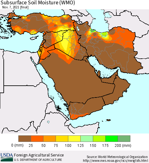 Middle East and Turkey Subsurface Soil Moisture (WMO) Thematic Map For 11/1/2021 - 11/7/2021