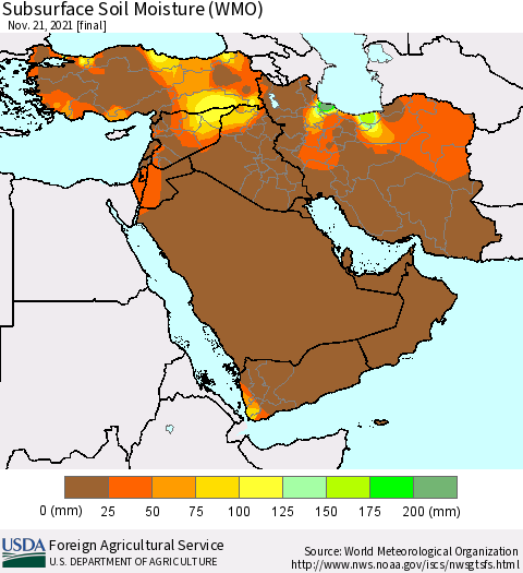Middle East and Turkey Subsurface Soil Moisture (WMO) Thematic Map For 11/15/2021 - 11/21/2021