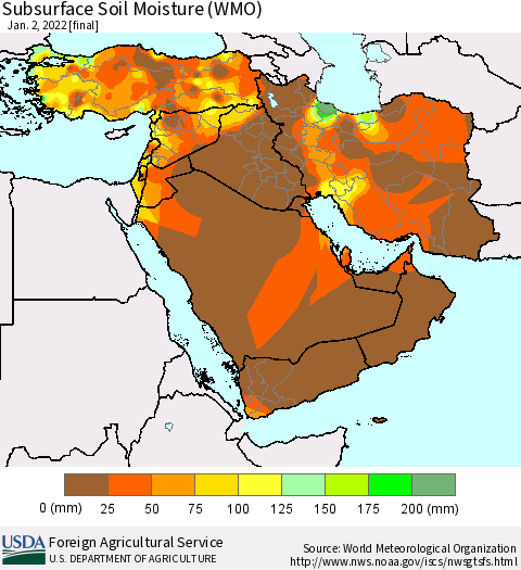 Middle East and Turkey Subsurface Soil Moisture (WMO) Thematic Map For 12/27/2021 - 1/2/2022