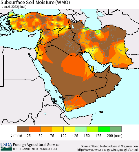 Middle East and Turkey Subsurface Soil Moisture (WMO) Thematic Map For 1/3/2022 - 1/9/2022
