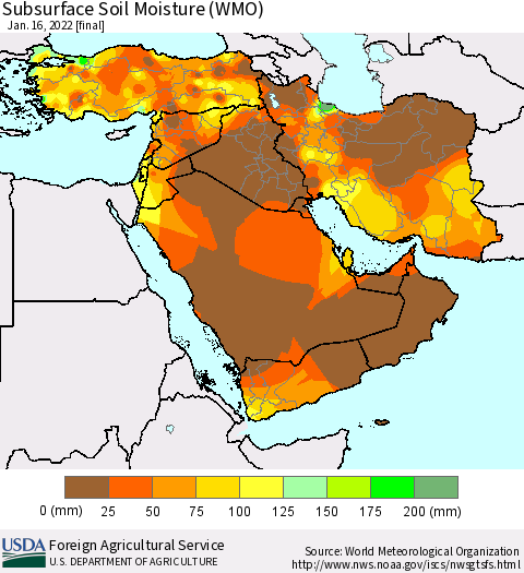 Middle East and Turkey Subsurface Soil Moisture (WMO) Thematic Map For 1/10/2022 - 1/16/2022