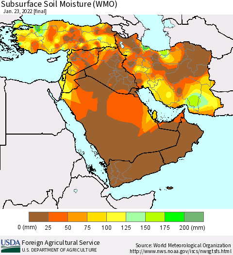 Middle East and Turkey Subsurface Soil Moisture (WMO) Thematic Map For 1/17/2022 - 1/23/2022