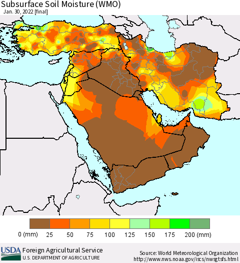 Middle East and Turkey Subsurface Soil Moisture (WMO) Thematic Map For 1/24/2022 - 1/30/2022