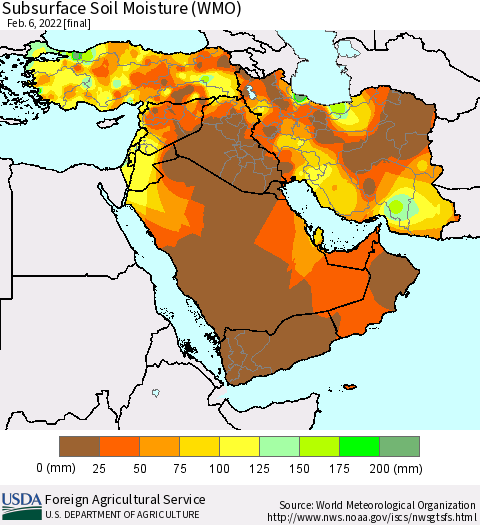 Middle East and Turkey Subsurface Soil Moisture (WMO) Thematic Map For 1/31/2022 - 2/6/2022