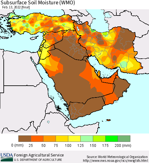 Middle East and Turkey Subsurface Soil Moisture (WMO) Thematic Map For 2/7/2022 - 2/13/2022