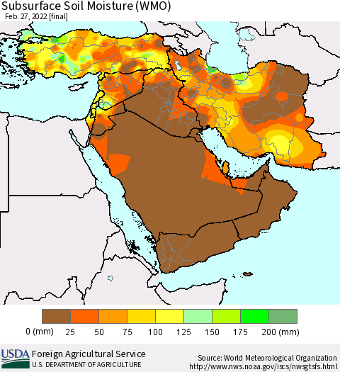 Middle East and Turkey Subsurface Soil Moisture (WMO) Thematic Map For 2/21/2022 - 2/27/2022