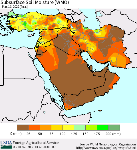 Middle East and Turkey Subsurface Soil Moisture (WMO) Thematic Map For 3/7/2022 - 3/13/2022