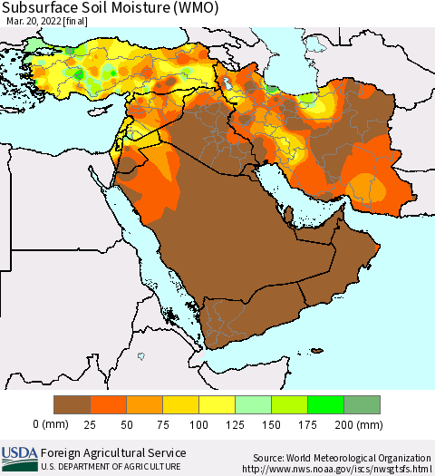 Middle East and Turkey Subsurface Soil Moisture (WMO) Thematic Map For 3/14/2022 - 3/20/2022