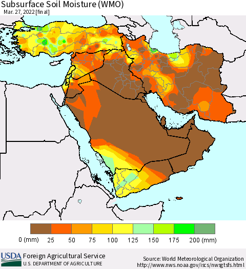 Middle East and Turkey Subsurface Soil Moisture (WMO) Thematic Map For 3/21/2022 - 3/27/2022