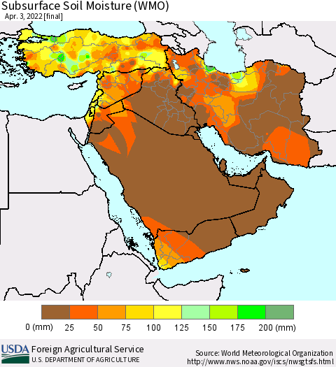 Middle East and Turkey Subsurface Soil Moisture (WMO) Thematic Map For 3/28/2022 - 4/3/2022