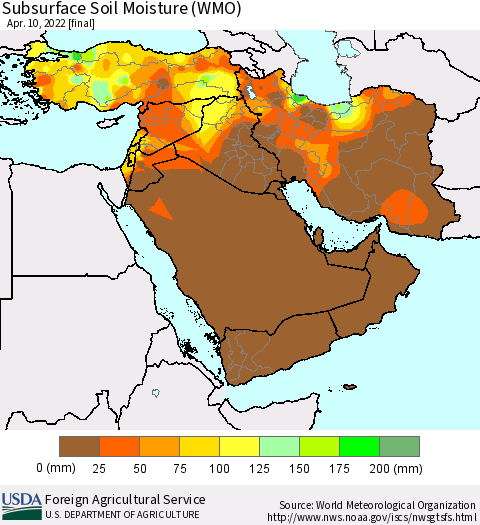 Middle East and Turkey Subsurface Soil Moisture (WMO) Thematic Map For 4/4/2022 - 4/10/2022
