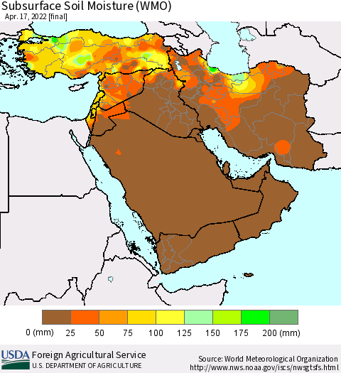 Middle East and Turkey Subsurface Soil Moisture (WMO) Thematic Map For 4/11/2022 - 4/17/2022
