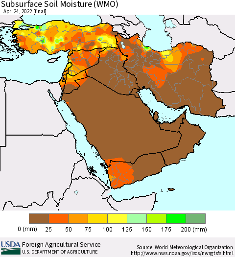 Middle East and Turkey Subsurface Soil Moisture (WMO) Thematic Map For 4/18/2022 - 4/24/2022