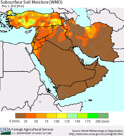 Middle East and Turkey Subsurface Soil Moisture (WMO) Thematic Map For 4/25/2022 - 5/1/2022