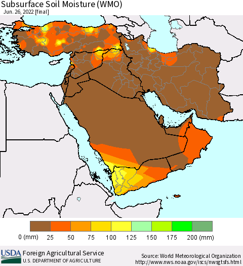 Middle East and Turkey Subsurface Soil Moisture (WMO) Thematic Map For 6/20/2022 - 6/26/2022