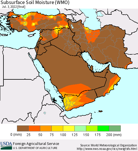 Middle East and Turkey Subsurface Soil Moisture (WMO) Thematic Map For 6/27/2022 - 7/3/2022