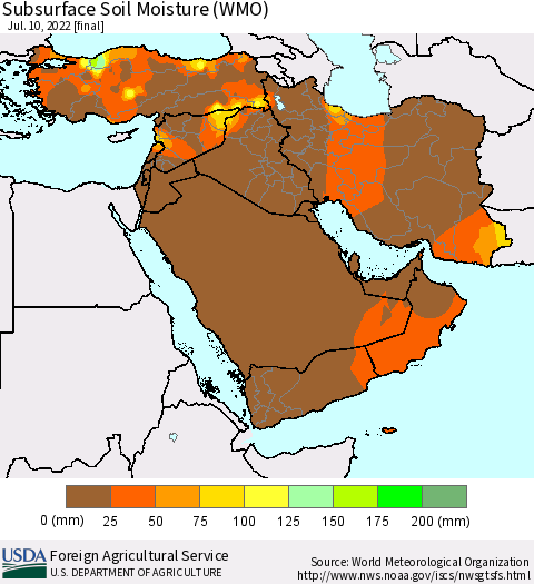 Middle East and Turkey Subsurface Soil Moisture (WMO) Thematic Map For 7/4/2022 - 7/10/2022