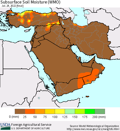 Middle East and Turkey Subsurface Soil Moisture (WMO) Thematic Map For 7/18/2022 - 7/24/2022