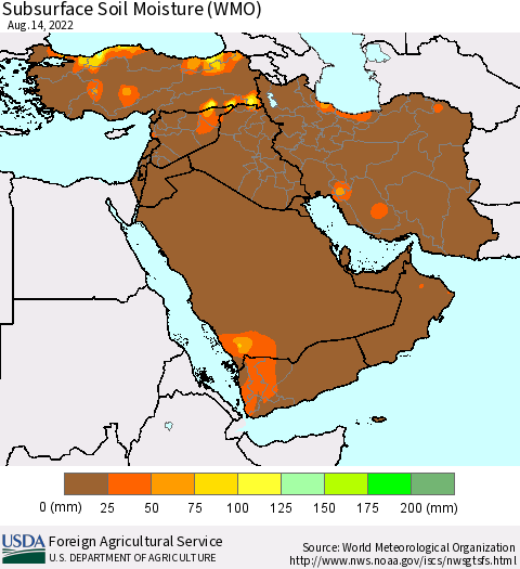 Middle East and Turkey Subsurface Soil Moisture (WMO) Thematic Map For 8/8/2022 - 8/14/2022