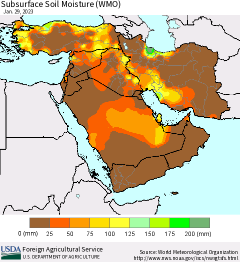 Middle East and Turkey Subsurface Soil Moisture (WMO) Thematic Map For 1/23/2023 - 1/29/2023