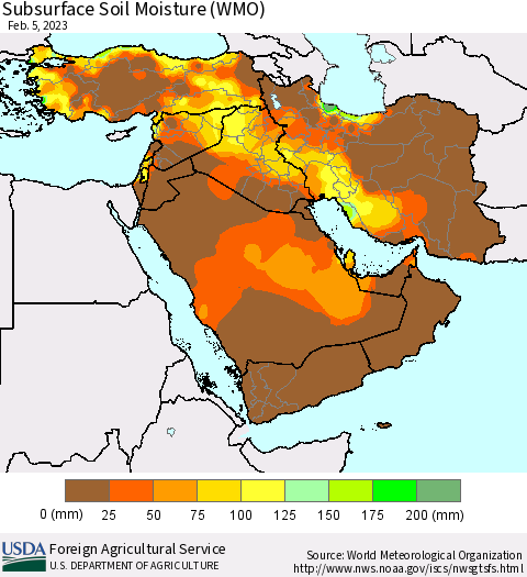Middle East and Turkey Subsurface Soil Moisture (WMO) Thematic Map For 1/30/2023 - 2/5/2023
