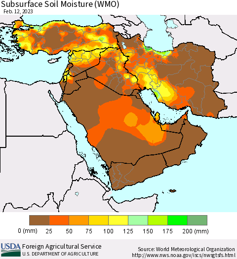 Middle East and Turkey Subsurface Soil Moisture (WMO) Thematic Map For 2/6/2023 - 2/12/2023