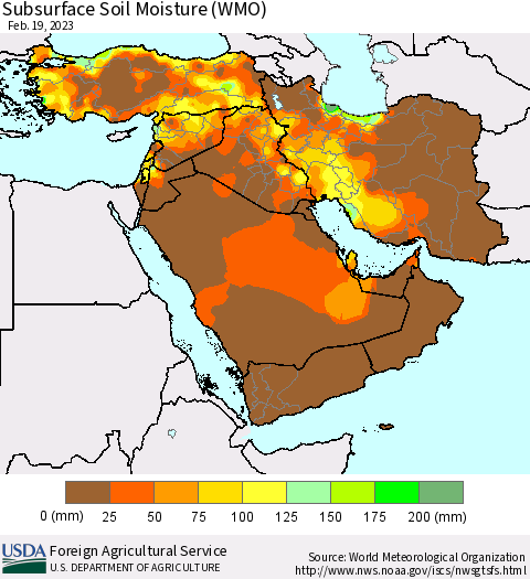 Middle East and Turkey Subsurface Soil Moisture (WMO) Thematic Map For 2/13/2023 - 2/19/2023