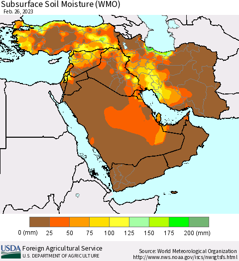 Middle East and Turkey Subsurface Soil Moisture (WMO) Thematic Map For 2/20/2023 - 2/26/2023