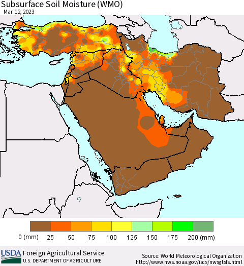 Middle East and Turkey Subsurface Soil Moisture (WMO) Thematic Map For 3/6/2023 - 3/12/2023