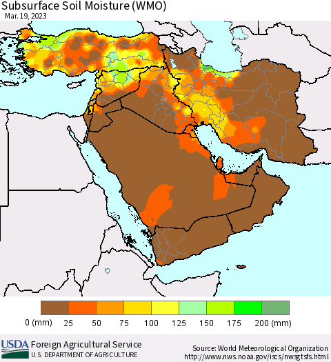 Middle East and Turkey Subsurface Soil Moisture (WMO) Thematic Map For 3/13/2023 - 3/19/2023