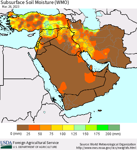 Middle East and Turkey Subsurface Soil Moisture (WMO) Thematic Map For 3/20/2023 - 3/26/2023