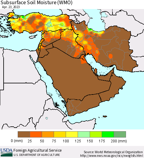 Middle East and Turkey Subsurface Soil Moisture (WMO) Thematic Map For 4/17/2023 - 4/23/2023