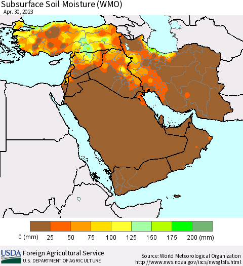 Middle East and Turkey Subsurface Soil Moisture (WMO) Thematic Map For 4/24/2023 - 4/30/2023