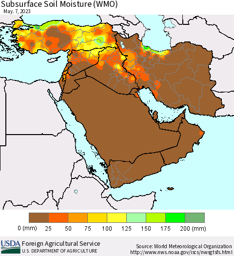 Middle East and Turkey Subsurface Soil Moisture (WMO) Thematic Map For 5/1/2023 - 5/7/2023