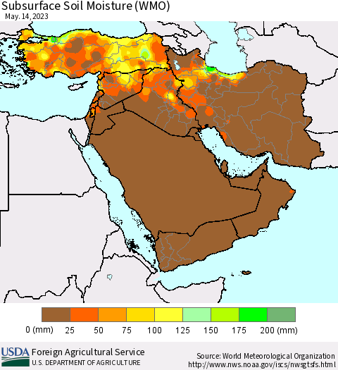 Middle East and Turkey Subsurface Soil Moisture (WMO) Thematic Map For 5/8/2023 - 5/14/2023