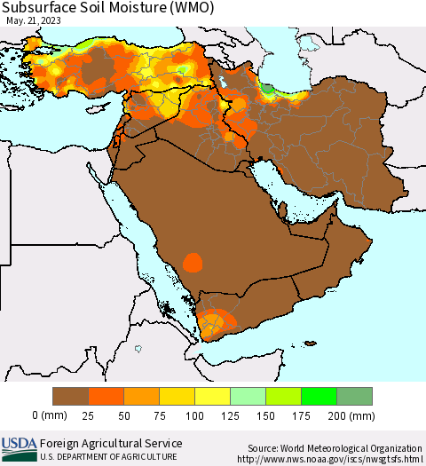 Middle East and Turkey Subsurface Soil Moisture (WMO) Thematic Map For 5/15/2023 - 5/21/2023
