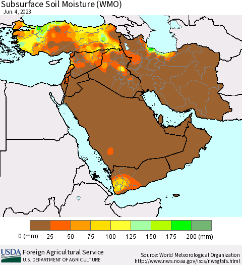 Middle East and Turkey Subsurface Soil Moisture (WMO) Thematic Map For 5/29/2023 - 6/4/2023