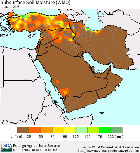 Middle East and Turkey Subsurface Soil Moisture (WMO) Thematic Map For 6/5/2023 - 6/11/2023