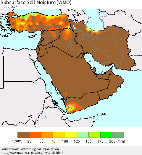 Middle East and Turkey Subsurface Soil Moisture (WMO) Thematic Map For 6/26/2023 - 7/2/2023