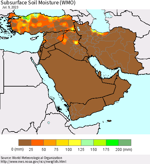 Middle East and Turkey Subsurface Soil Moisture (WMO) Thematic Map For 7/3/2023 - 7/9/2023