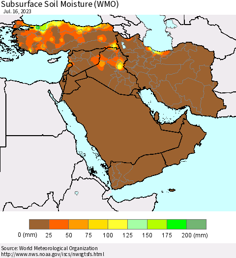 Middle East and Turkey Subsurface Soil Moisture (WMO) Thematic Map For 7/10/2023 - 7/16/2023