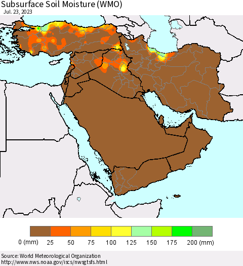Middle East and Turkey Subsurface Soil Moisture (WMO) Thematic Map For 7/17/2023 - 7/23/2023