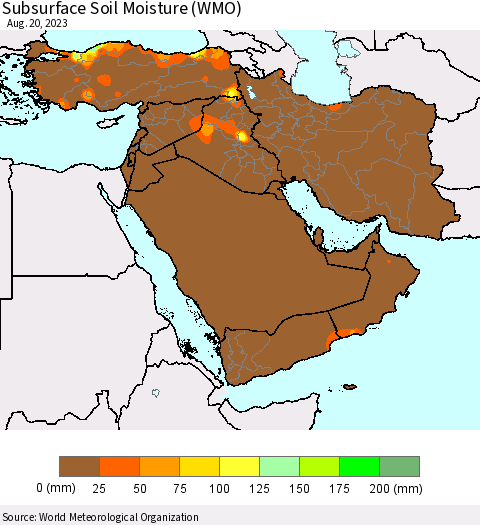 Middle East and Turkey Subsurface Soil Moisture (WMO) Thematic Map For 8/14/2023 - 8/20/2023