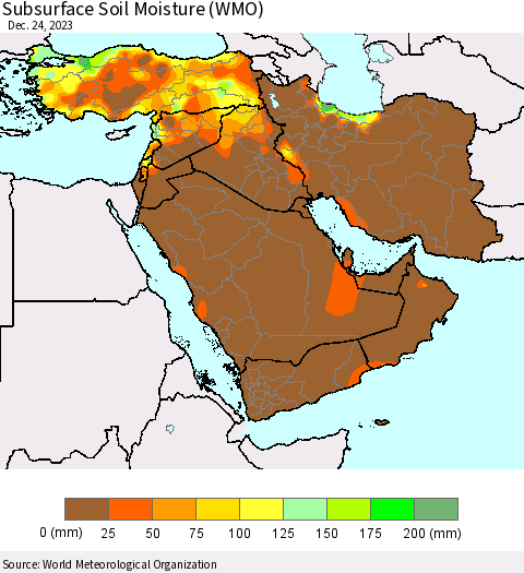Middle East and Turkey Subsurface Soil Moisture (WMO) Thematic Map For 12/18/2023 - 12/24/2023