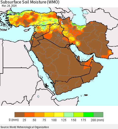 Middle East and Turkey Subsurface Soil Moisture (WMO) Thematic Map For 3/18/2024 - 3/24/2024